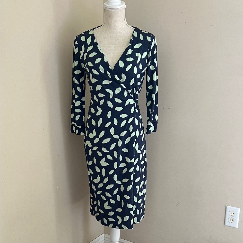 Diane Von Furstenberg Silk Navy Wrap-Style Dress with Abstract Mint Leaf Print